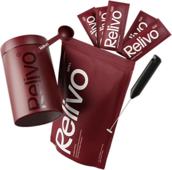 Relivos produkter: burk, refillpåse, portionspåsar, mätsked och visp