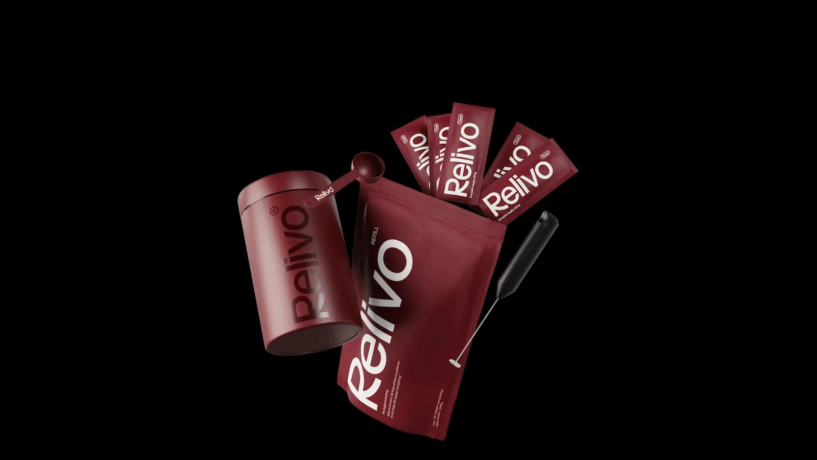 Relivos röda burk, mätsked, refillpåse och portionspåsar på svart bakgrund