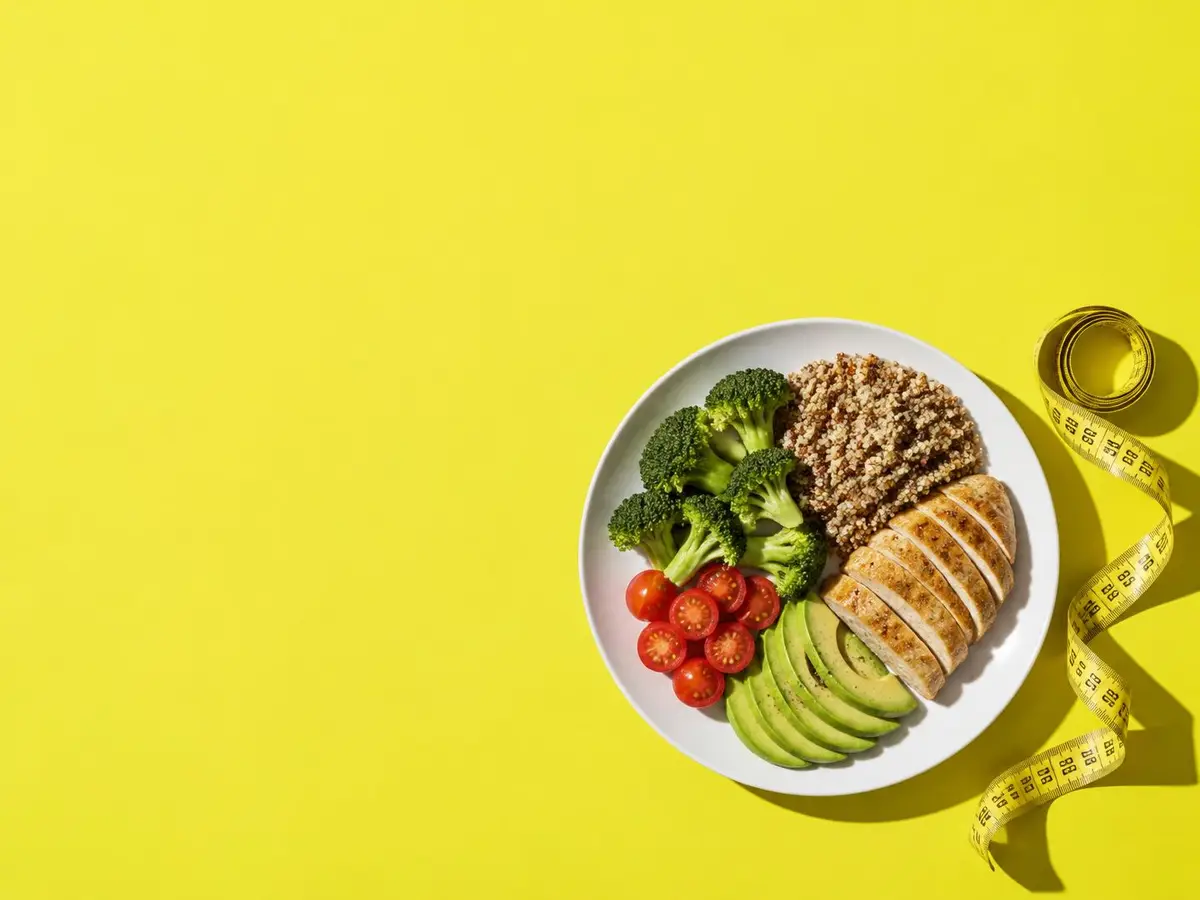 Tallrik med portionerad mat och ett måttband