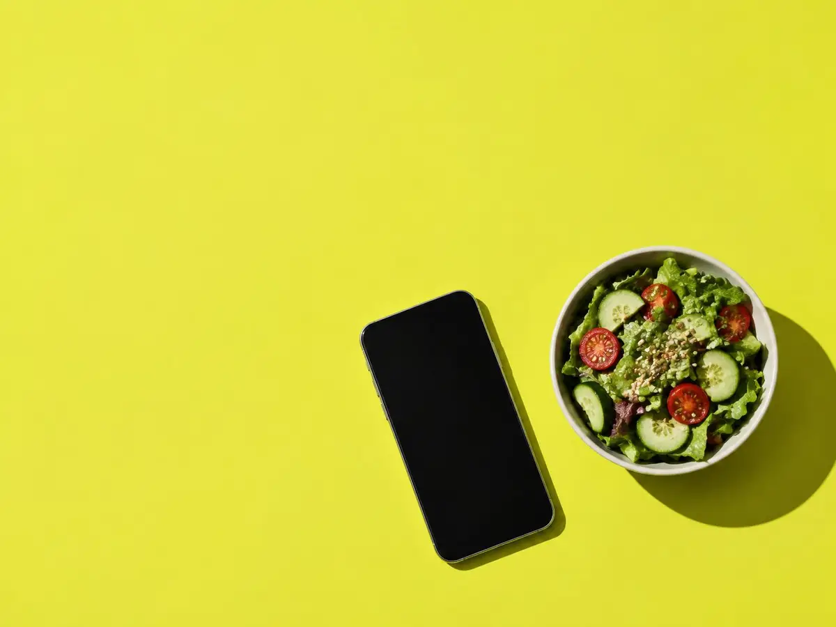 Mobiltelefon med svart skärm bredvid en skål sallad