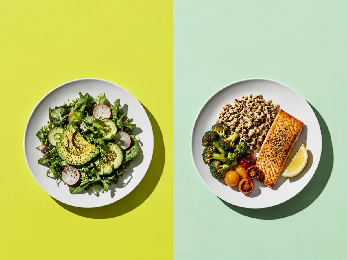 Två vita tallrikar, en med sallad och en med portionerad måltid